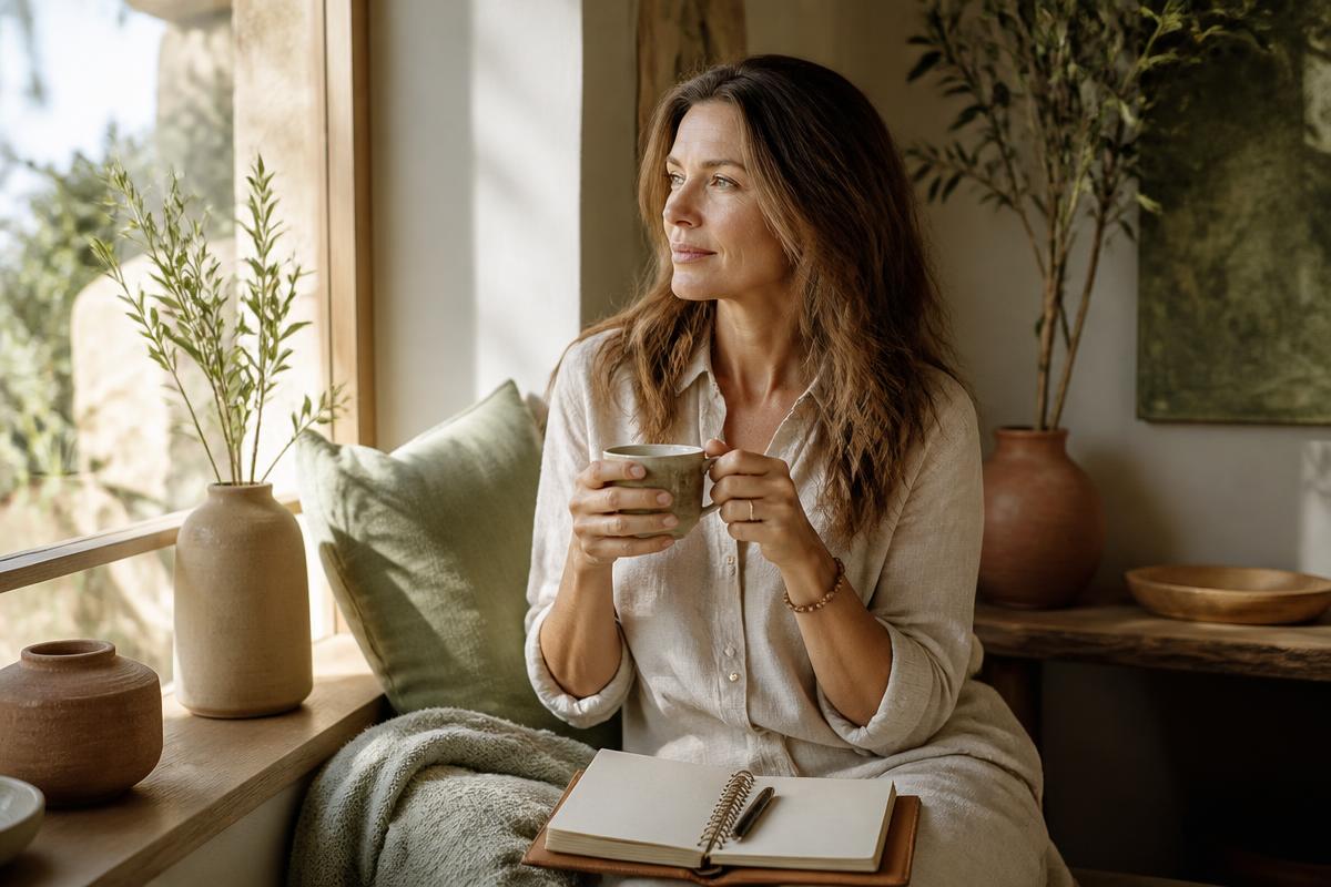 Mujer serena junto a una ventana con una taza de té y una libreta de planificación