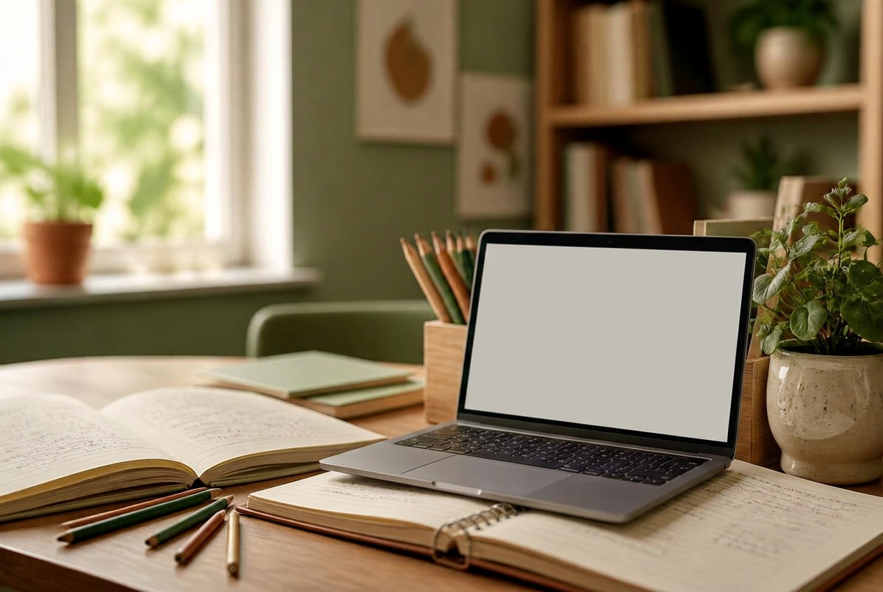 Mesa de estudio con cuadernos abiertos, lápices y una planta junto a una ventana