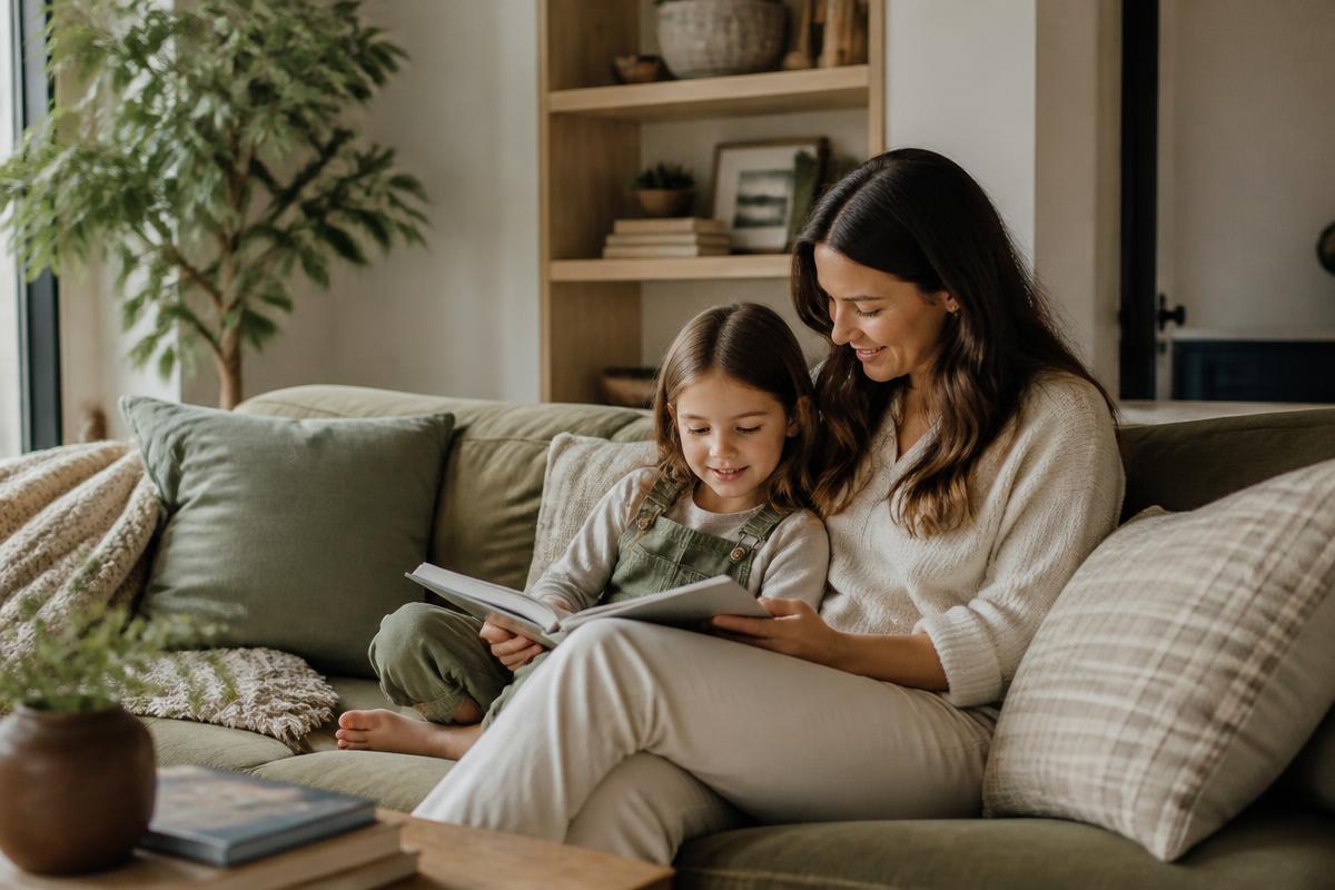 Madre e hija leyendo juntas en un salón tranquilo y luminoso