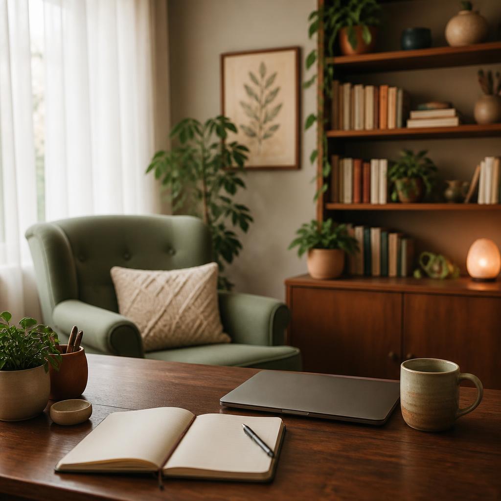 Espacio de consulta psicopedagógica con luz natural, libros y plantas
